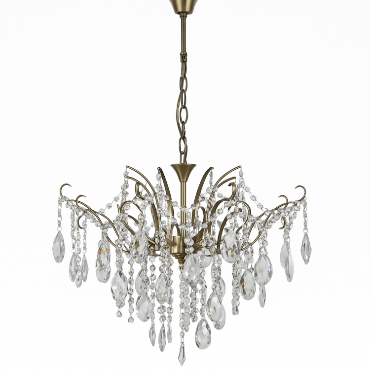 Żyrandol kryształowy RAMONA 4x60W patyna Venti to elegancka lampa sufitowa z metalu i szkła. Ozdobiona kryształami pięknie rozprasza światło. Średnica 46 cm, wysokość 74 cm. Oprawki 4xE27 do 60W, kompatybilna z LED. Idealna do salonu, jadalni i sypialni