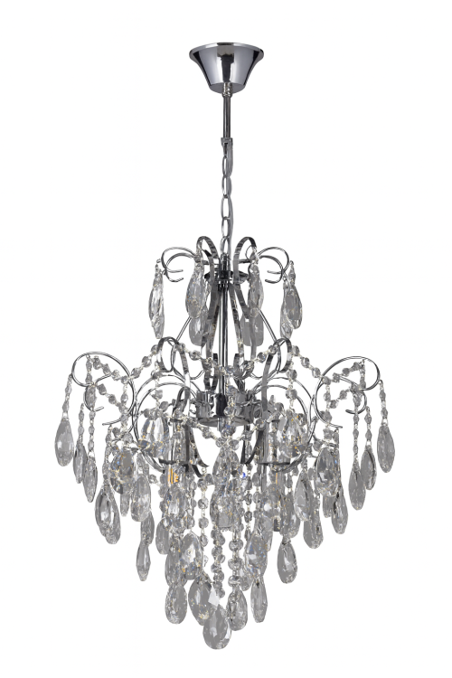 Żyrandol kryształowy SONIA chrom 4x60W marki Venti to elegancka lampa sufitowa z metalową konstrukcją i przezroczystymi kryształami. Średnica 45 cm i 4 źródła światła E27 sprawiają, że idealnie ozdobi i rozświetli salon, jadalnię czy sypialnię