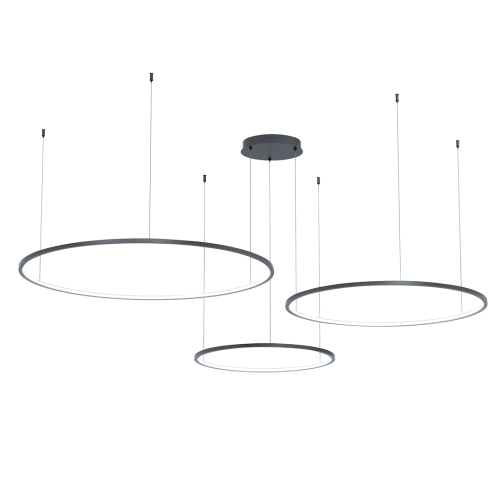 Czarna lampa wisząca SATURNO Milagro ML0846 to 3 ringi LED o średnicach 100, 80 i 60 cm. Moc 100 W, 4500 lm i neutralna barwa 4000 K. Regulacja wysokości 20–130 cm. Do przestronnego salonu, jadalni i nad duży stół.