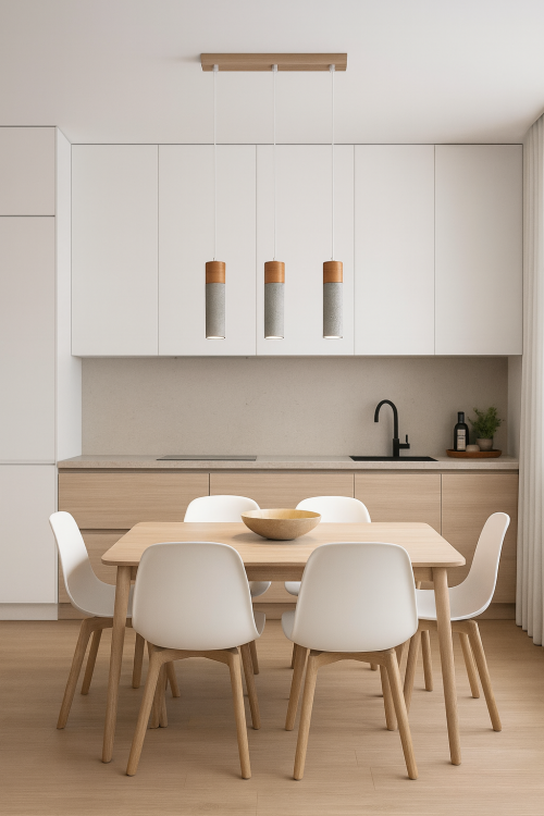 Nowoczesna lampa wisząca ZANE – betonowa tuba z detalem z naturalnego drewna. Minimalistyczny design do kuchni, jadalni i salonu. Wymienne źródło GU10 (max 40W) pozwala dobrać barwę i moc. Regulowana wysokość do 120 cm. IP20. Polska produkcja