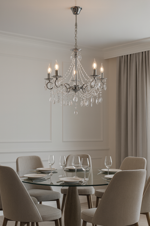 Lampa wisząca MEGY Maria Teresa 5xE14 została stworzona z myślą o eleganckich wnętrzach. Kryształowe dekoracje rozpraszają światło, tworząc przytulną i luksusową atmosferę w salonie lub jadalni.