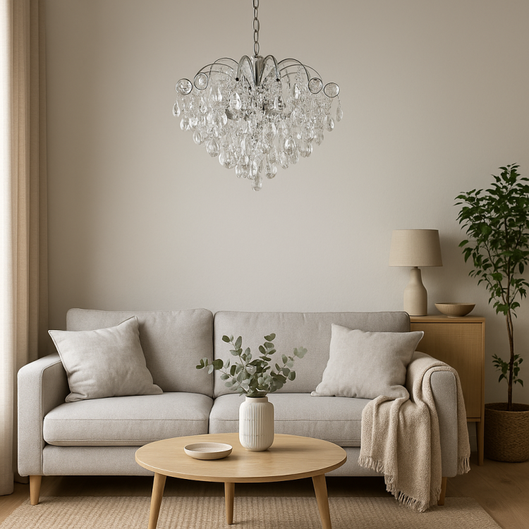 Żyrandol kryształowy GULIA chrom 6x60W marki Venti to elegancka lampa wisząca z przezroczystymi kryształami. Idealna do salonu, jadalni, sypialni czy restauracji. Wykonanie: metal i kryształ, regulowana wysokość 57–72 cm, średnica 54 cm