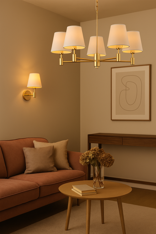 Lampa sufitowa ASTRIT 5xE14 marki Alfa w eleganckim złotym kolorze z kremowymi abażurami. Stylowe oświetlenie do salonu, jadalni czy sypialni. Wykonana z metalu i tkaniny, współpracuje z LED, średnica 61 cm, wysokość 38 cm, IP20