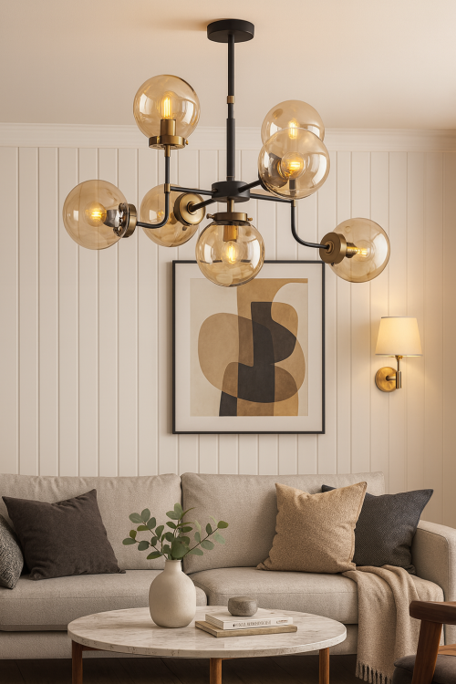 Lampa sufitowa TRANSFORMERS 7x40W czarna LOFT złota kule Alfa 24857 to designerskie oświetlenie z 7 źródłami światła E14. Połączenie czerni, złota i beżowych szklanych kul tworzy efektowny akcent do salonu, jadalni i wnętrz w stylu loft