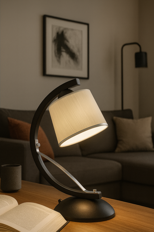 Lampka stołowa ASTRED Lemir w kolorze czarnym z chromowanymi dodatkami i szklanym kloszem biało-srebrnym. Nowoczesny design, solidne polskie wykonanie. Źródło światła 1x E27 60W, wyłącznik na przewodzie, wysokość 36 cm