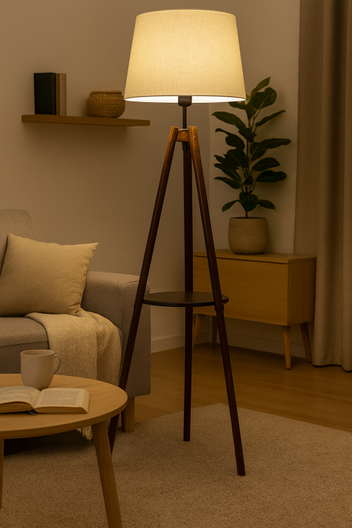 Lampa podłogowa TRIO Venti S-102078 w kolorze dębu z beżowym abażurem. Wysokość 153 cm, abażur 28 cm, średnica 40/28 cm. Wyposażona w półkę i włącznik nożny. Źródło światła 1x E27 60W (brak w komplecie, możliwość LED). Styl nowoczesny, gwarancja 2 lata