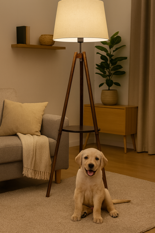 Lampa podłogowa TRIO Venti S-102078 w kolorze dębu z beżowym abażurem. Wysokość 153 cm, abażur 28 cm, średnica 40/28 cm. Wyposażona w półkę i włącznik nożny. Źródło światła 1x E27 60W (brak w komplecie, możliwość LED). Styl nowoczesny, gwarancja 2 lata