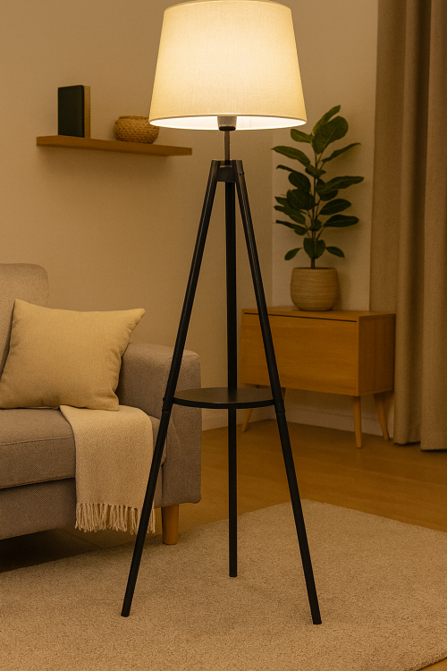 Lampa podłogowa TRIO Venti S-102077 z drewna wenge i beżowym abażurem. Trójnóg z praktyczną półką, wysokość 153 cm, abażur 28 cm. Źródło światła 1x E27 60W (brak w zestawie, możliwość LED). Włącznik nożny, gwarancja 2 lata