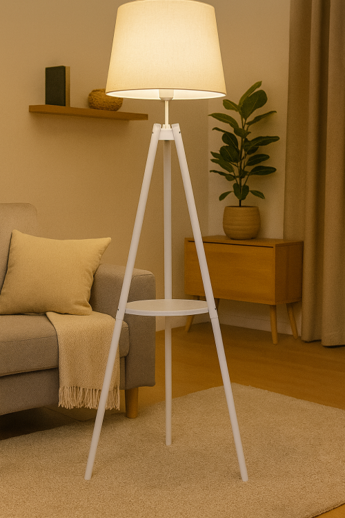 Lampa podłogowa TRIO Venti S-102076 w kolorze białym z abażurem z tkaniny. Trójnóg z praktyczną półką, wysokość 153 cm, abażur 28 cm. Źródło światła 1x E27 60W (brak w zestawie, możliwość LED). Włącznik nożny, gwarancja 2 lata