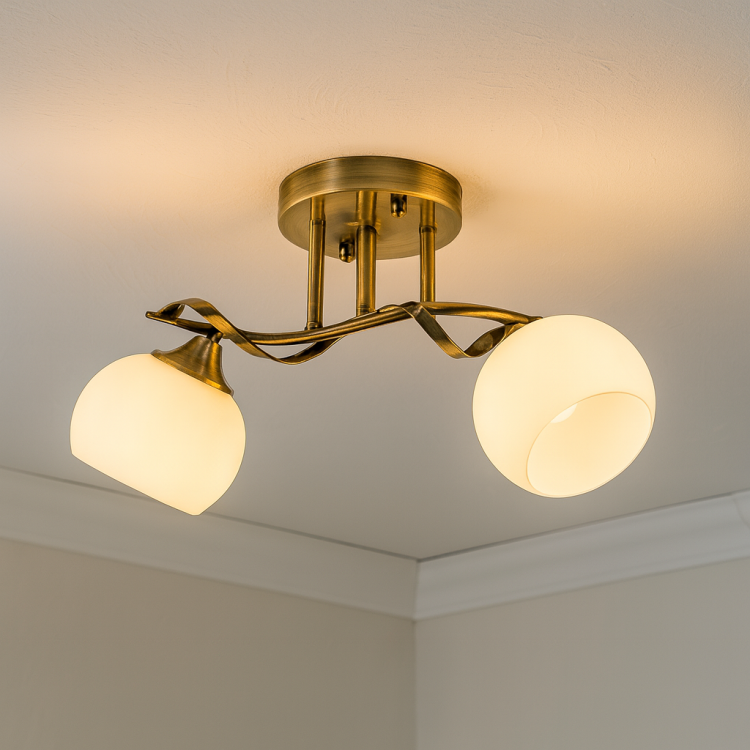 Lampa sufitowa ODETA Venti W-N2465/2 AB w kolorze patyny z dwoma białymi kloszami. Styl klasyczny, wykonanie metal i szkło. Wymiary: szerokość 42 cm, wysokość 23 cm. Źródło światła 2x E27 60W (brak w zestawie, możliwość LED
