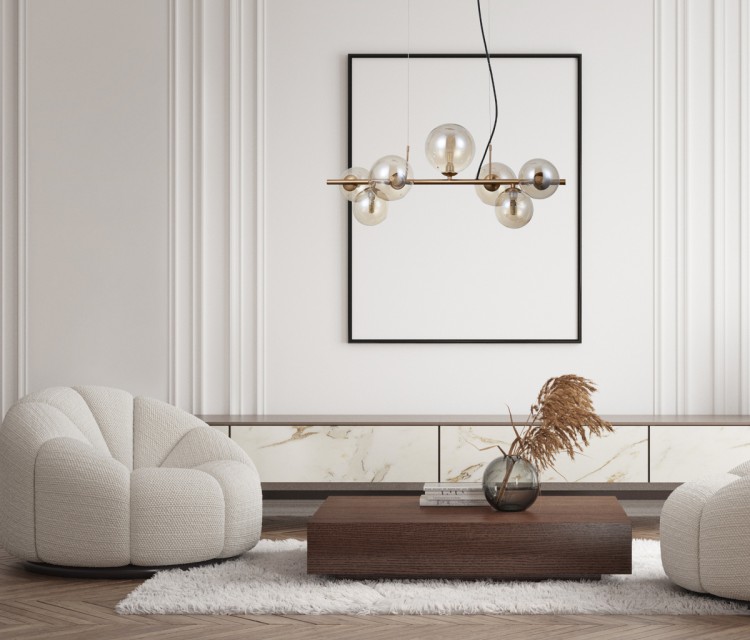 Lampa sufitowa CANELLO Italux 7xG9 w kolorze mosiądzu miodowego z bursztynowymi kloszami. Stylowa oprawa wykonana z metalu i szkła, idealna do salonu, jadalni i kuchni. Regulowana wysokość do 150 cm, gwarancja 2 lata
