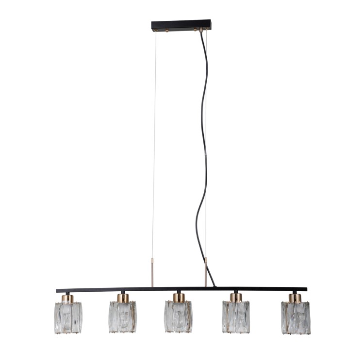 Lampa sufitowa SIMONA Italux 5xE14 czarna ze złotymi dodatkami i kryształowymi kloszami w formie kostek. Stylowa oprawa o długości 85 cm i regulowanej wysokości do 110 cm, idealna nad stół w jadalni lub kuchni. Eleganckie wykonanie, gwarancja jakości