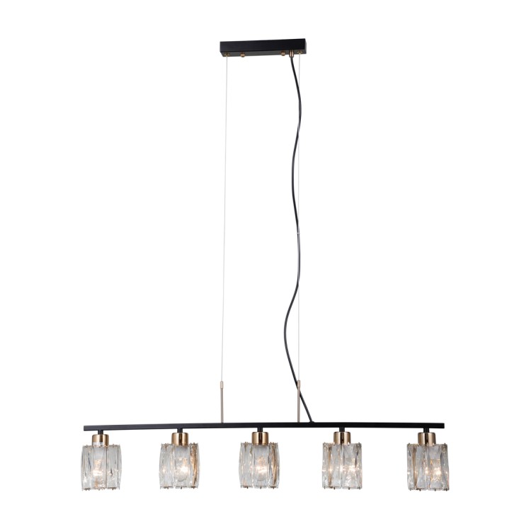 Lampa sufitowa SIMONA Italux 5xE14 czarna ze złotymi dodatkami i kryształowymi kloszami w formie kostek. Stylowa oprawa o długości 85 cm i regulowanej wysokości do 110 cm, idealna nad stół w jadalni lub kuchni. Eleganckie wykonanie, gwarancja jakości