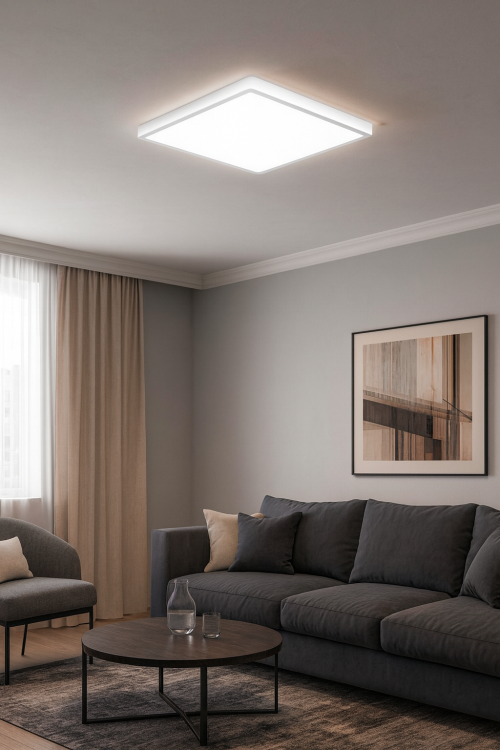 Plafon BASTIA 18W LED biały kwadrat 23x23 cm, 1700Lm. Nowoczesny design, możliwość montażu na suficie i ścianie, 3 barwy światła (2800K, 4000K, 6000K). Energooszczędny LED, IP20, gwarancja 5 lat