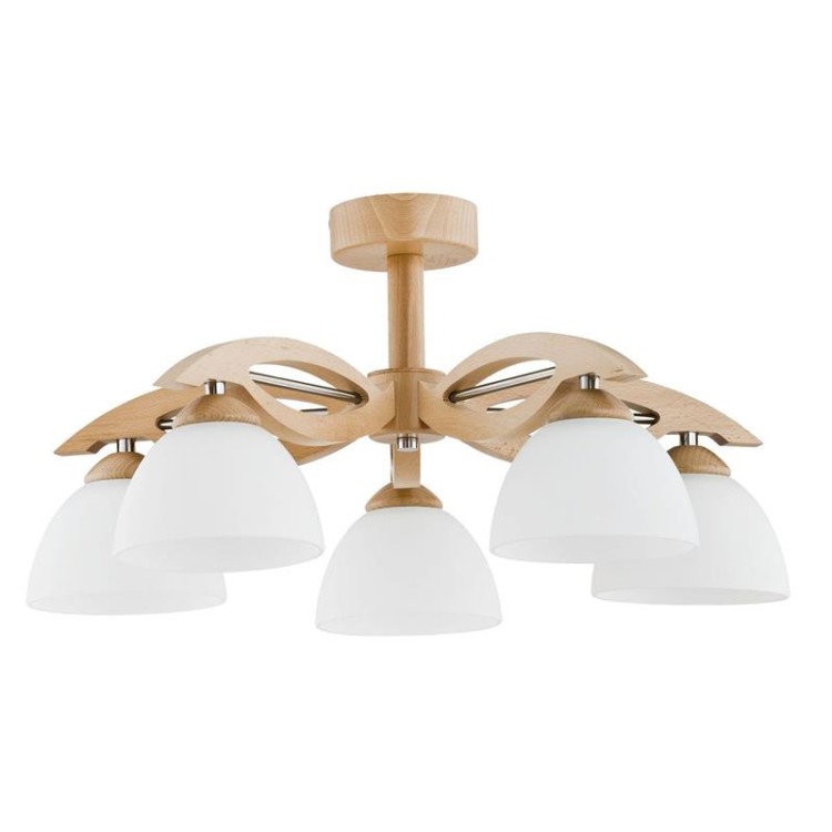 Lampa sufitowa EMIR 5xE27 Alfa 22205 to połączenie drewna, metalu i szkła. Białe klosze pięknie rozpraszają światło, a naturalny design pasuje do salonu, jadalni i sypialni. 5xE27 60W, IP20, brak żarówek w zestawie, gwarancja 2 lata