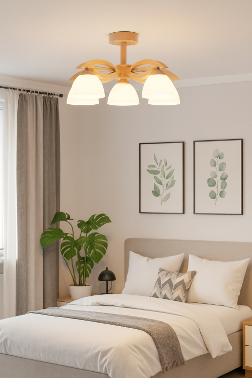 Lampa sufitowa EMIR 5xE27 Alfa 22205 to połączenie drewna, metalu i szkła. Białe klosze pięknie rozpraszają światło, a naturalny design pasuje do salonu, jadalni i sypialni. 5xE27 60W, IP20, brak żarówek w zestawie, gwarancja 2 lata