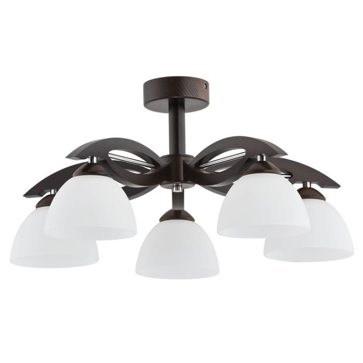 Lampa sufitowa EMIR 5xE27 Alfa 22205 to połączenie drewna, metalu i szkła. Białe klosze pięknie rozpraszają światło, a naturalny design pasuje do salonu, jadalni i sypialni. 5xE27 60W, IP20, brak żarówek w zestawie, gwarancja 2 lata