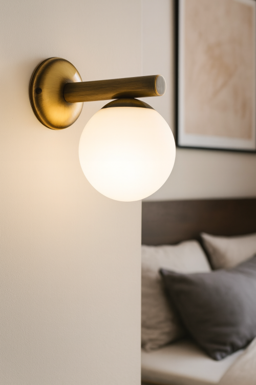 Kinkiet OSSO patyna Lemir O2910 K1 PAT – elegancka lampa ścienna z białym, matowym kloszem w formie kuli. Idealny do sypialni, salonu i korytarza. Polska produkcja Lemir – jakość i tradycja od 1967 roku.