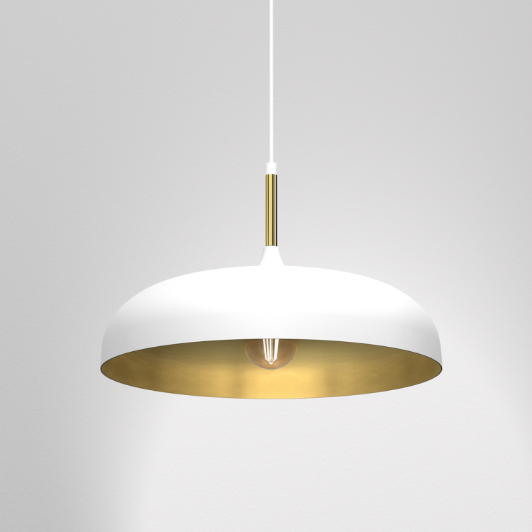 Lampa wisząca LINCOLN WHITE/GOLD Milagro MLP7899 z białym metalowym kloszem i złotym wnętrzem. Elegancka i minimalistyczna, idealna nad stół, wyspę kuchenną czy do salonu. Regulowana wysokość 35–90 cm i szeroki klosz 45 cm zapewniają mocne oświetlenie