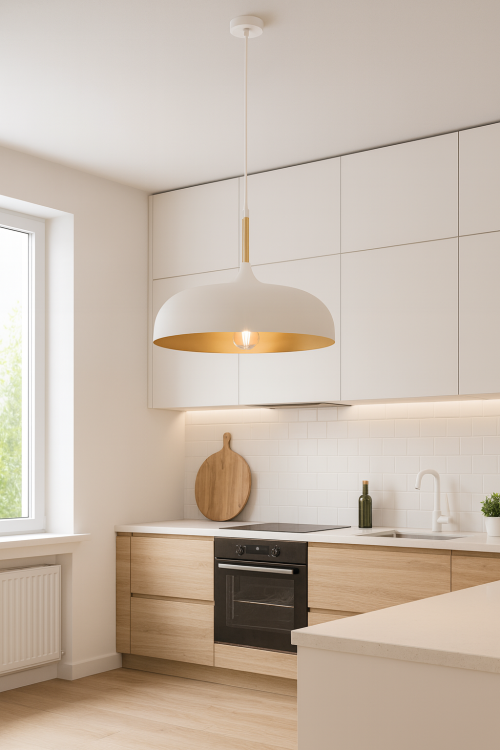 Lampa wisząca LINCOLN WHITE/GOLD Milagro MLP7899 z białym metalowym kloszem i złotym wnętrzem. Elegancka i minimalistyczna, idealna nad stół, wyspę kuchenną czy do salonu. Regulowana wysokość 35–90 cm i szeroki klosz 45 cm zapewniają mocne oświetlenie