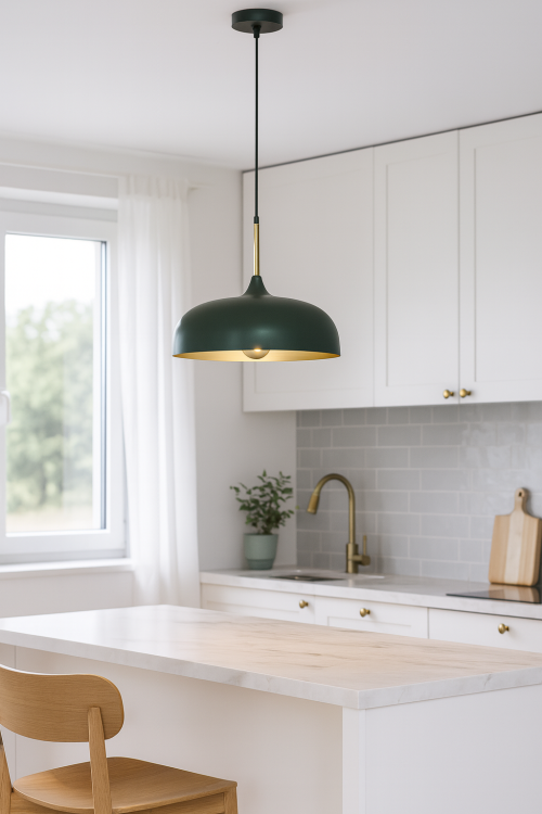 Lampa wisząca LINCOLN GREEN/GOLD Milagro MLP8032 z zielonym metalowym kloszem i złotym wnętrzem. Elegancka i nowoczesna, idealna nad stół, wyspę kuchenną czy do salonu. Regulowana wysokość 35–90 cm, średnica 35 cm. Źródło światła 1x E27, IP20