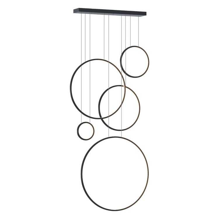 Lampa wisząca SATURNO 350cm, 5 pierścieni w kolorze czarnym. Oświetlenie antresoli, schodów, holi w hotelach, pomieszczeniach reprezentacyjnych.