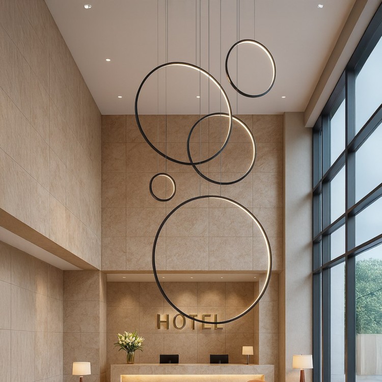 Lampa wisząca SATURNO 350cm, 5 pierścieni w kolorze czarnym. Oświetlenie antresoli, schodów, holi w hotelach, pomieszczeniach reprezentacyjnych.