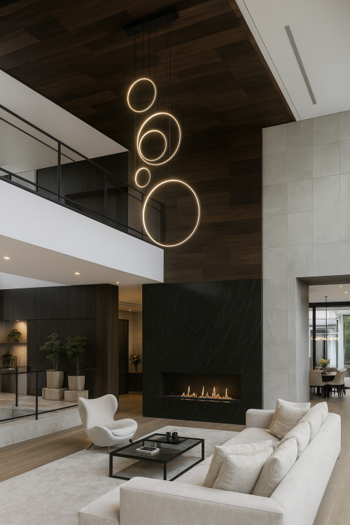 Lampa wisząca SATURNO 350cm, 5 pierścieni w kolorze czarnym. Oświetlenie antresoli, schodów, holi w hotelach, pomieszczeniach reprezentacyjnych.