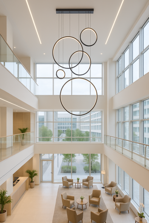 Lampa wisząca SATURNO 350cm, 5 pierścieni w kolorze czarnym. Oświetlenie antresoli, schodów, holi w hotelach, pomieszczeniach reprezentacyjnych.