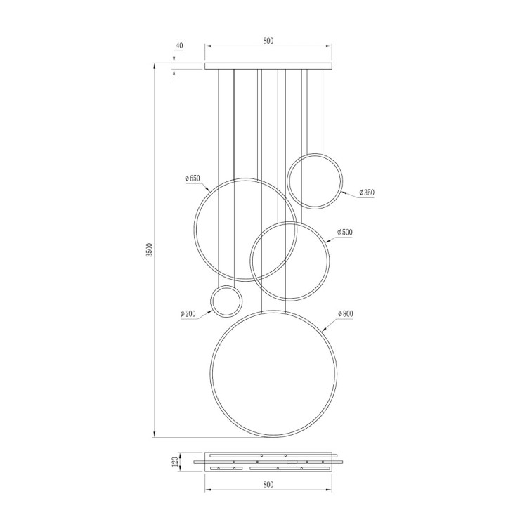 Lampa wisząca SATURNO 350cm, 5 pierścieni w kolorze złotym. Oświetlenie antresoli, schodów, holi w hotelach, pomieszczeniach reprezentacyjnych. 100W LED 4000K