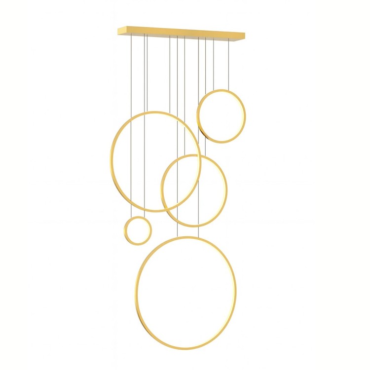 Lampa wisząca SATURNO 350cm, 5 pierścieni w kolorze złotym. Oświetlenie antresoli, schodów, holi w hotelach, pomieszczeniach reprezentacyjnych. 100W LED 4000K