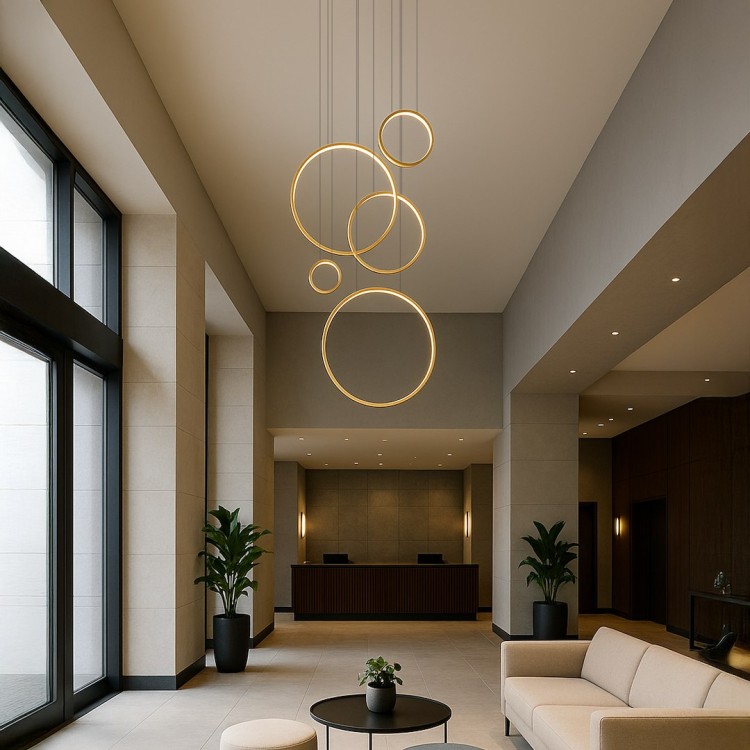 Lampa wisząca SATURNO 350cm, 5 pierścieni w kolorze złotym. Oświetlenie antresoli, schodów, holi w hotelach, pomieszczeniach reprezentacyjnych. 100W LED 4000K