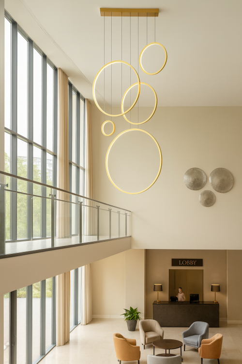 Lampa wisząca SATURNO 350cm, 5 pierścieni w kolorze złotym. Oświetlenie antresoli, schodów, holi w hotelach, pomieszczeniach reprezentacyjnych. 100W LED 4000K