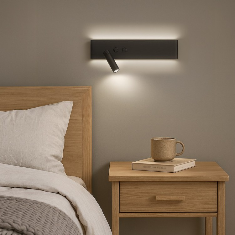 Kinkiet RESORT ML1570 Milagro to nowoczesne oświetlenie ścienne LED 10W+3W w czarnym macie. Neutralne światło 4000K zapewnia przyjemny nastrój, a dodatkowy reflektor idealnie sprawdzi się do czytania. Stylowy i funkcjonalny wybór do sypialni i salonu