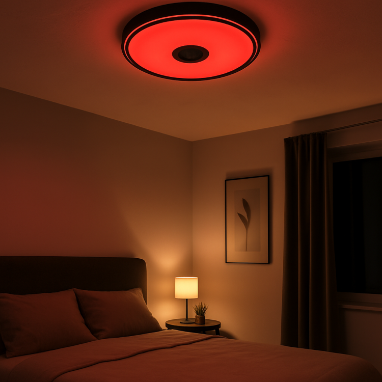 Plafon LED RGB 46W z głośnikiem Bluetooth i pilotem to inteligentna lampa sufitowa 2w1. Oferuje 16 mln kolorów, ściemnianie, sterowanie aplikacją iLink, pilotem lub przełącznikiem. Wbudowany głośnik 5W pozwala słuchać muzyki z telefonu, komputera czy TV.