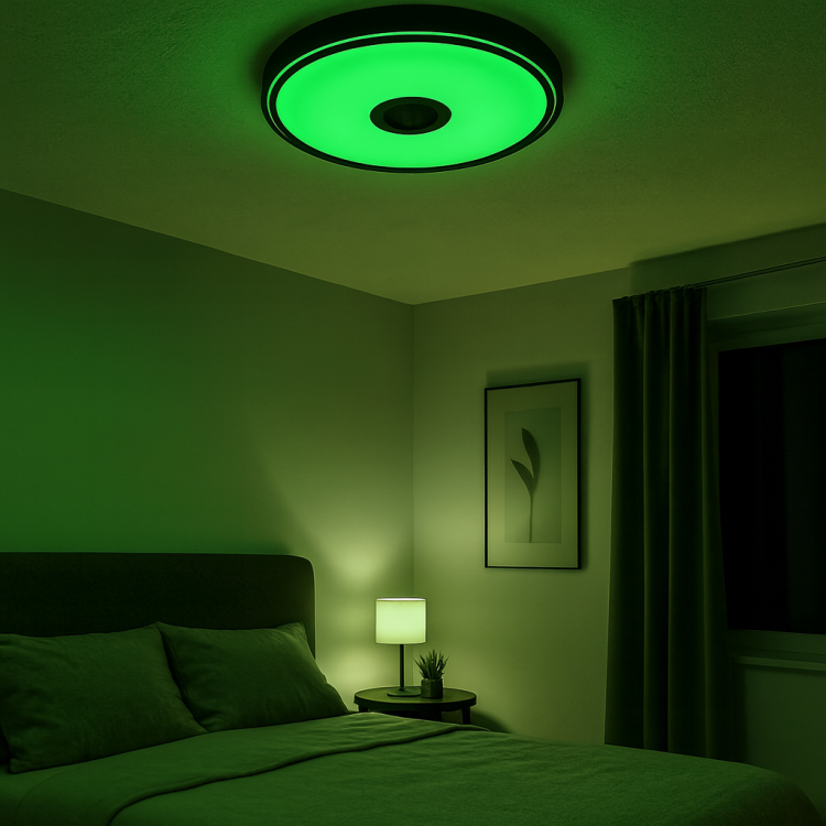 Plafon LED RGB 46W z głośnikiem Bluetooth i pilotem to inteligentna lampa sufitowa 2w1. Oferuje 16 mln kolorów, ściemnianie, sterowanie aplikacją iLink, pilotem lub przełącznikiem. Wbudowany głośnik 5W pozwala słuchać muzyki z telefonu, komputera czy TV.