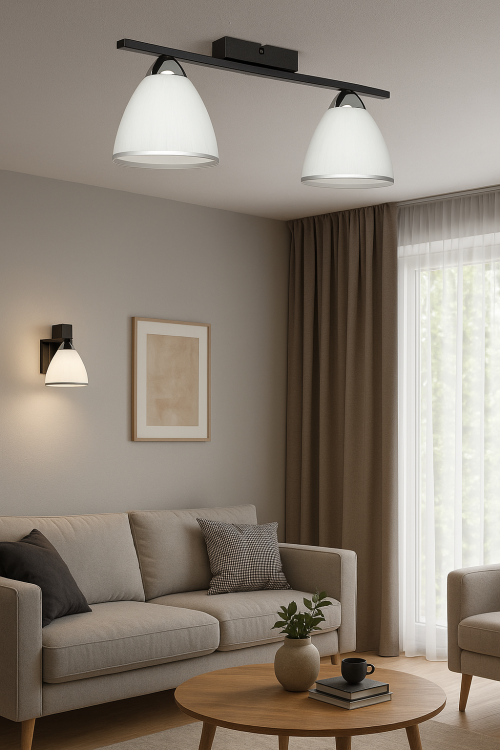 Plafon FABER 2xE27 Lemir O3252 P2 CZA+CH to elegancka lampa sufitowa w czerni z chromowanymi detalami i białymi kloszami ze srebrną obwódką. Stylowe oświetlenie, idealne do salonu, sypialni, korytarza i jadalni. Polska jakość Lemir od 1967 roku.