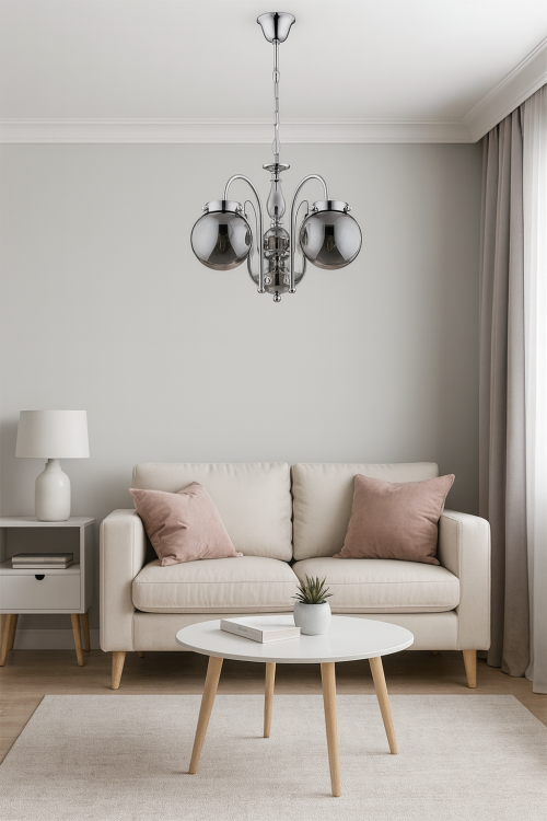 Lampa sufitowa HERO 3x40W chrom Alfa 28283 to elegancki żyrandol klasyczny z trzema kulistymi kloszami z dymionego szkła. Chromowana armatura i funkcja podziału świecenia sprawiają, że lampa doskonale sprawdzi się w salonie, sypialni i jadalni.