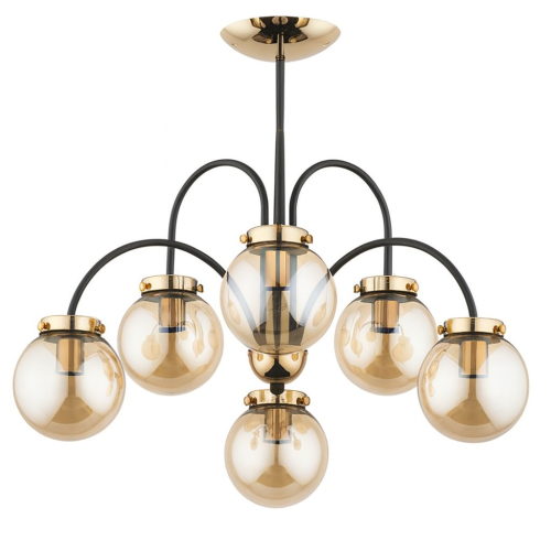 Lampa sufitowa BELIZE 6x40W Alfa 27536 – elegancki żyrandol złoty z sześcioma kloszami kulistymi z bursztynowego szkła. Idealne oświetlenie do salonu, jadalni, sypialni czy holu. Styl glamour i nowoczesny design w polskiej jakości wykonania