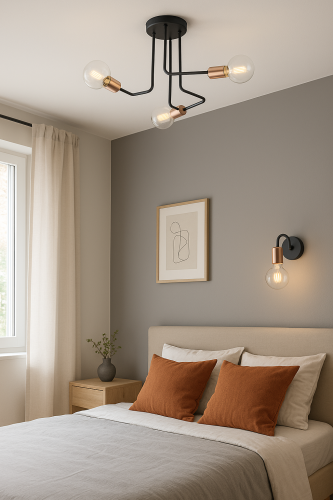 Klasyczny żyrandol PIXI Lemir w czarnym macie z miedzianymi akcentami. 3xE27 60W, podział świecenia 2+1. Elegancka lampa do salonu, jadalni i sypialni. Solidne polskie wykonanie, gwarancja producenta.