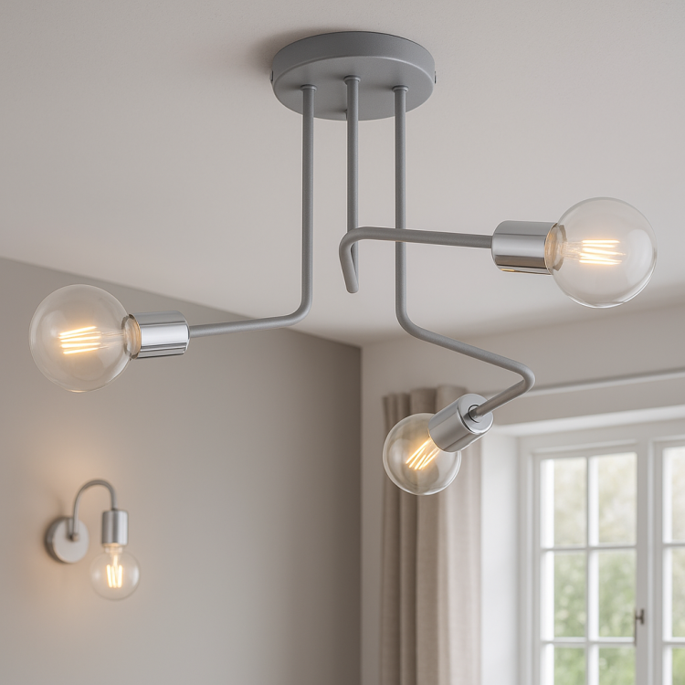 Stylowy kinkiet PIXI Lemir – szare matowe ramiona i chromowane elementy dekoracyjne. 1xE27 max 60W, IP20. Idealny do salonu, sypialni i korytarza