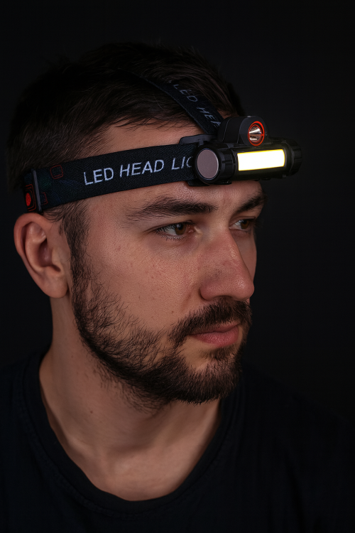 Magnetyczna latarka czołowa LED COB + LED o mocy 1W z akumulatorem 18650 1200mAh. 4 tryby świecenia: LED i COB w trybach HIGH i LOW. Do 100 lm i 8h pracy. Lekka (71 g), kompaktowa, z regulacją kąta i magnesem w obudowie.