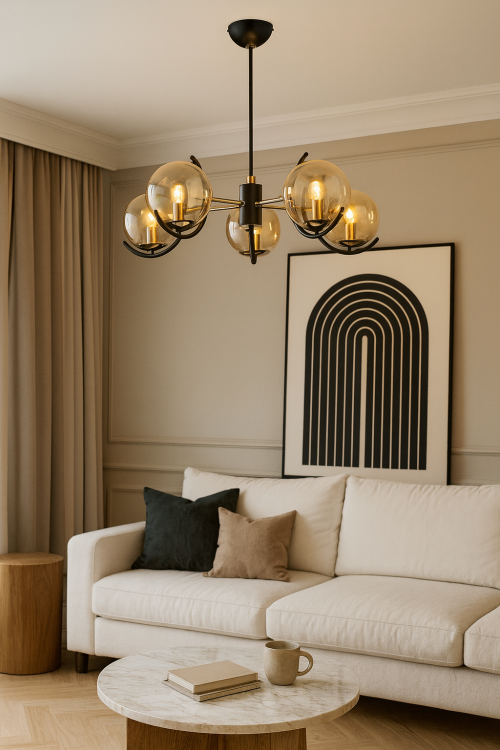 Nowoczesna lampa sufitowa AVERS 5xE14 czarna złota miedziana marki Alfa z pięcioma szklanymi kulami. Stylowy żyrandol o wymiarach 60 cm szerokości i 48 cm wysokości. Obsługuje żarówki E14 do 40W, także LED. Doskonały wybór do salonu i jadalni.