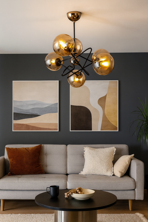 Stylowa lampa sufitowa VIRGINIA 6xE14 Alfa z bursztynowymi kloszami i złoto-miedzianą armaturą. Żyrandol o wymiarach 65x50 cm wykonany z metalu i szkła. Obsługuje sześć żarówek E14 do 40W. Doskonały wybór do wnętrz eleganckich i nowoczesnych