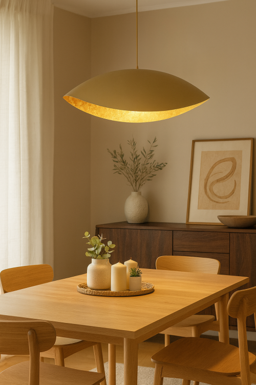 Designerska lampa sufitowa SONA złota Sigma 41099 – stylowa oprawa wisząca wykonana z kompozytu mineralnego i stali lakierowanej. Regulowana wysokość, średnica 65 cm, źródło światła E27 LED. Doskonała do eleganckich aranżacji w salonie i jadalni.