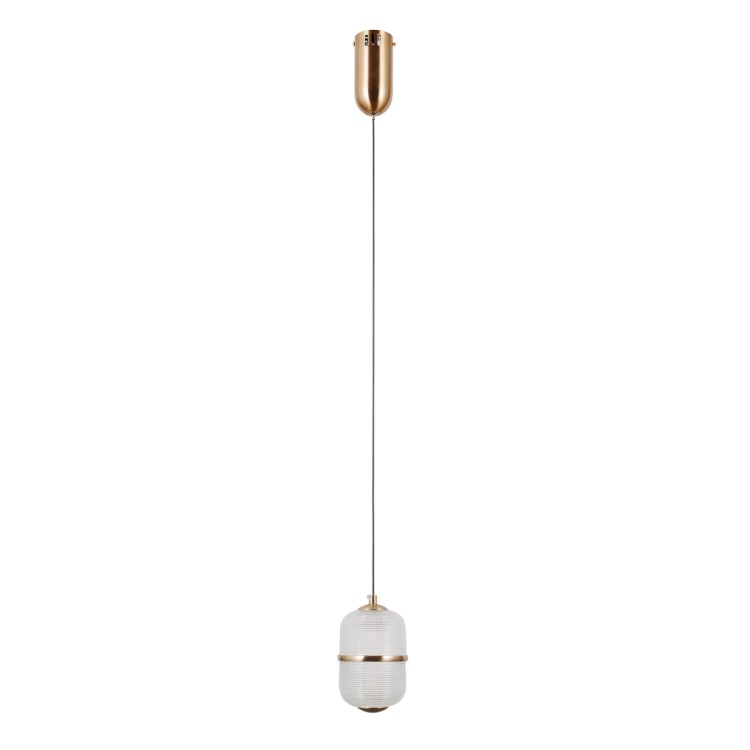 Lampa wisząca ALANI PND-34375-1-HBR LED 6W 588lm w złotym wykończeniu ze szklanym, ryflowanym kloszem. Nowoczesne oświetlenie do salonu, jadalni, kuchni i sypialni. Emituje ciepłe światło 3000K, energooszczędne i eleganckie.