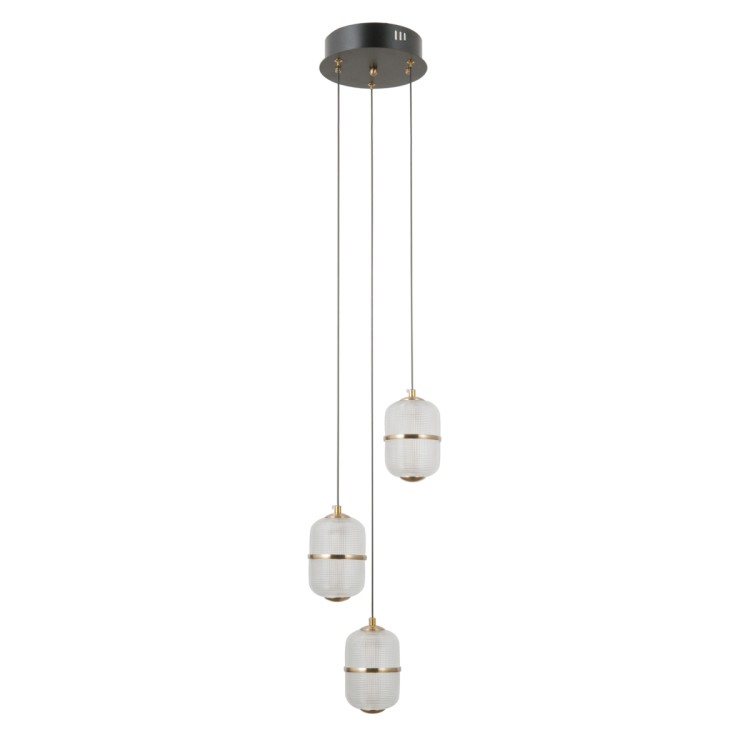 Lampa wisząca ALANI PND-34375-3-BK LED 15W 1170lm w czarno- złotym wykończeniu ze szklanym, ryflowanym kloszem. Nowoczesne oświetlenie do salonu, jadalni, kuchni i sypialni. Emituje ciepłe światło 3000K, energooszczędne i eleganckie.