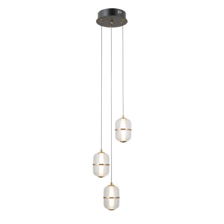 Lampa wisząca ALANI PND-34375-3-BK LED 15W 1170lm w czarno- złotym wykończeniu ze szklanym, ryflowanym kloszem. Nowoczesne oświetlenie do salonu, jadalni, kuchni i sypialni. Emituje ciepłe światło 3000K, energooszczędne i eleganckie.