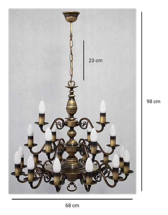 Żyrandol VENTUNO Lemir O3327 P3 W21 PAT – 21 źródeł światła E14, klasyczny design, kolor patyna. Trzypiętrowa konstrukcja o średnicy 68 cm, wysokości 75 cm. Lampa pod zamówienie, doskonała do kościołów, kaplic i wysokich pomieszczeń