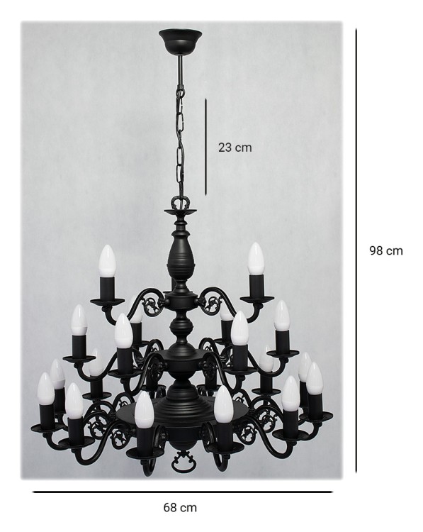 Monumentalny żyrandol VENTUNO 21-punktowy w kolorze czarny mat od Lemir. Trzypiętrowa konstrukcja, średnica 68 cm, wysokość 75 cm. Solidne polskie wykonanie, klasyczny styl świecznikowy. Idealny do prestiżowych przestrzeni i wysokich pomieszczeń.